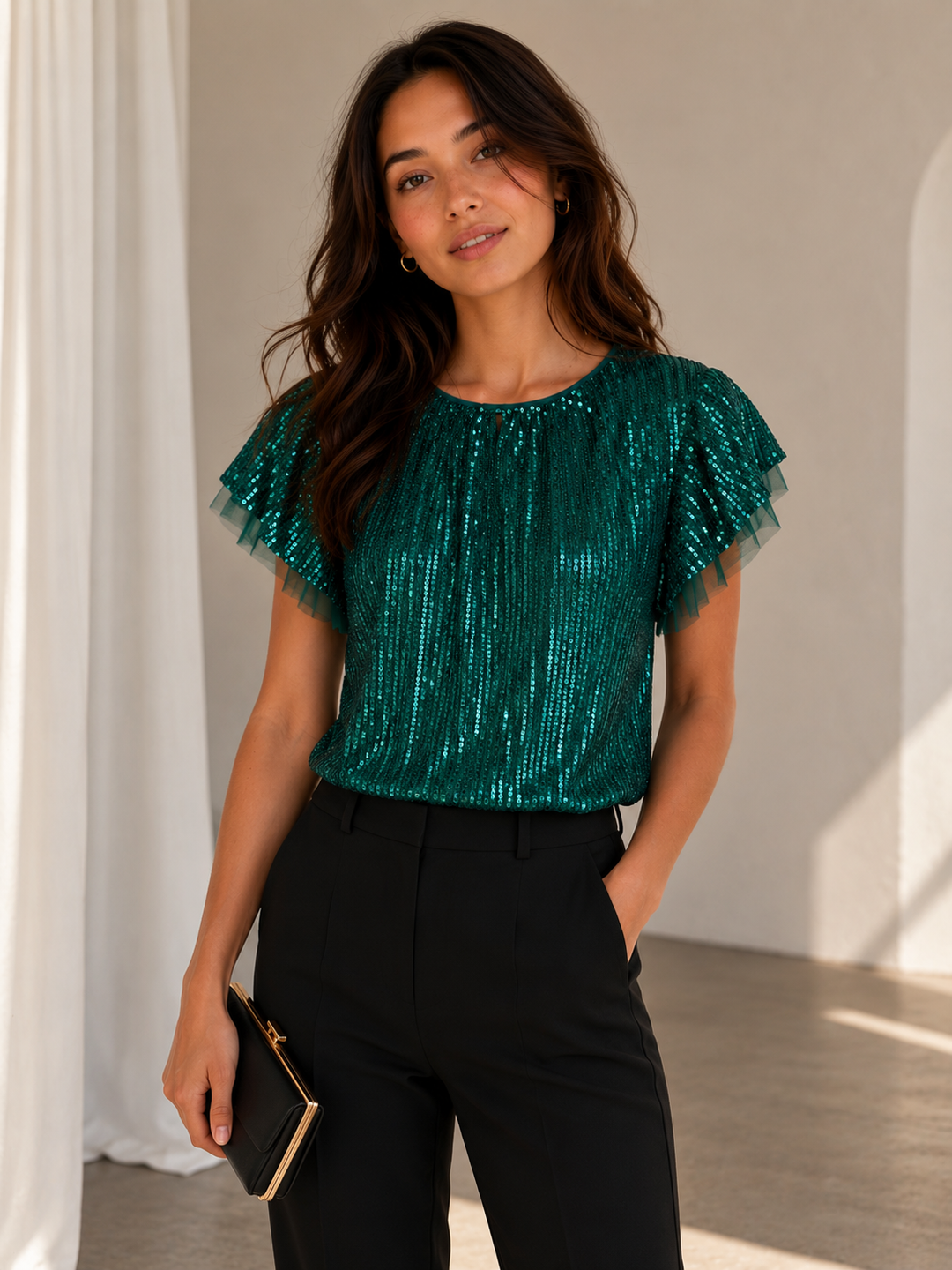 Sequin Ruffle Sleeve Top